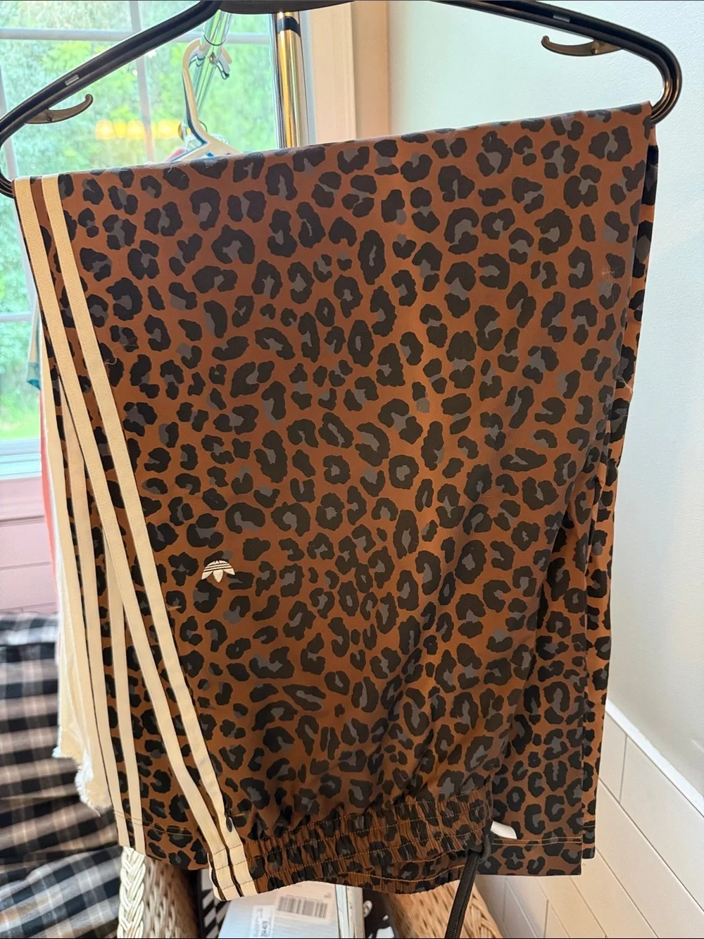 adidas Brown and Black Leopard Print Track Pants with Cream Stripes - Picture 1 of 4